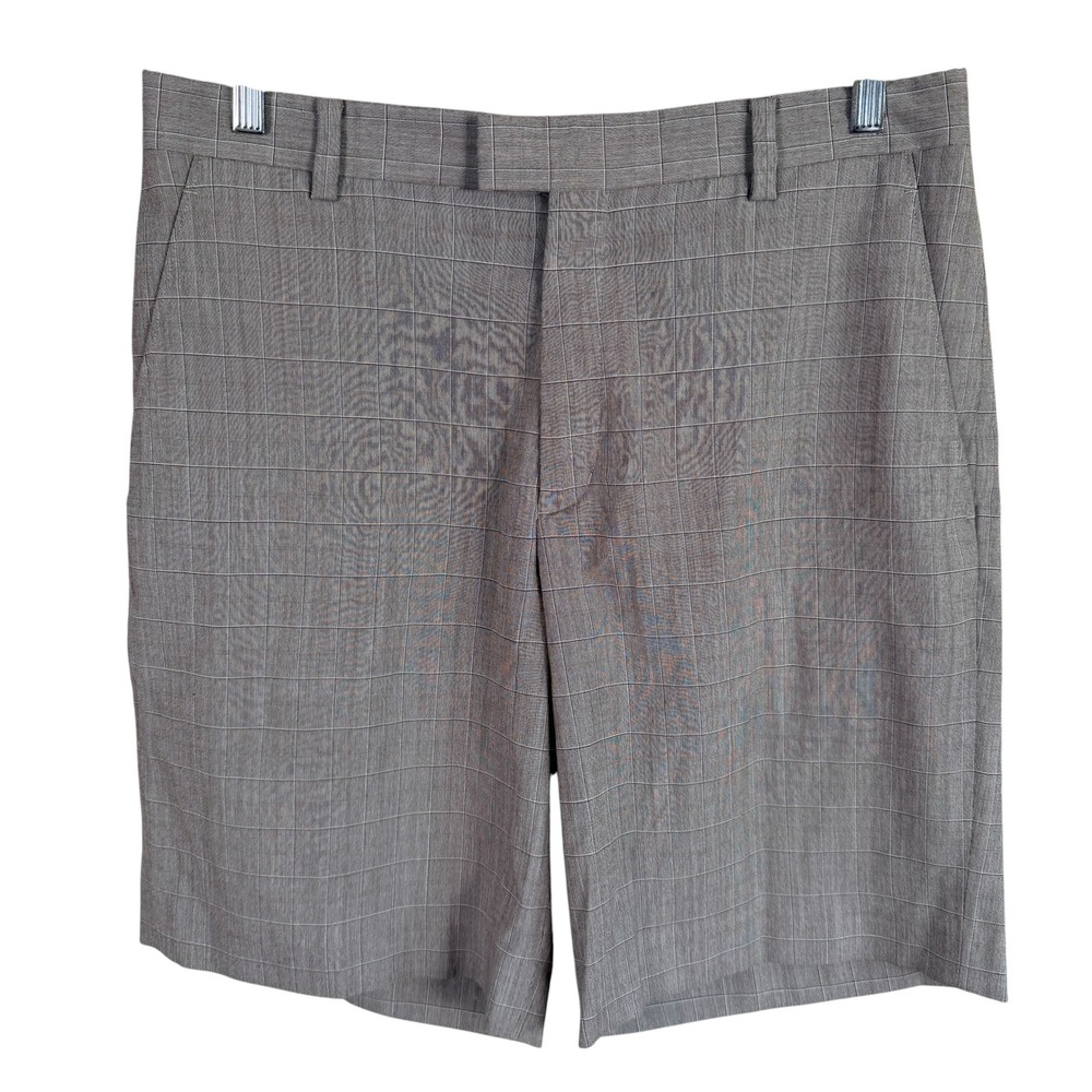Nike Tiger Woods Golf Shorts Mens 34 Beige Flat Front Stretch Windowpane Plaid